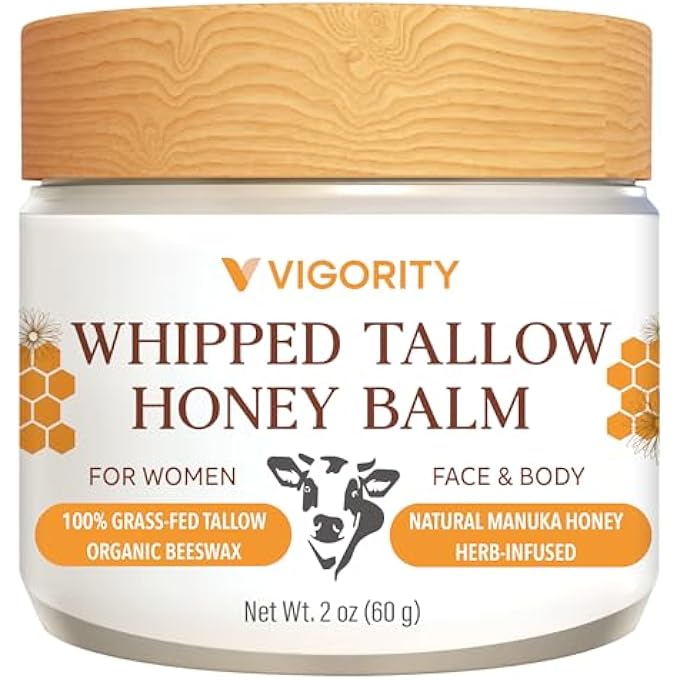 VIGORITY BEEF TALLOW AND HONEY BALM: ORGANIC GRASS FED WHIPPED BEEF TALLOW FOR SKIN - BEEF TALLOW FACE MOISTURIZER INFUSED WITH MANUKA HONEY, BEESWAX AND OLIVE OIL - 2 OZ, UNSCENTED - Image 1